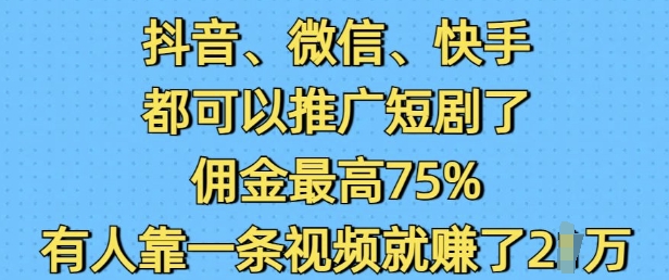 抖音微信快手都可以推广短剧了，佣金最高75%，有人靠一条视频就挣了2W-仙女副业网