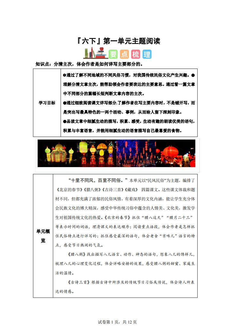【主题阅读】统编版语文六年级下册第一单元“民风民俗”（主题阅读）-仙女副业网