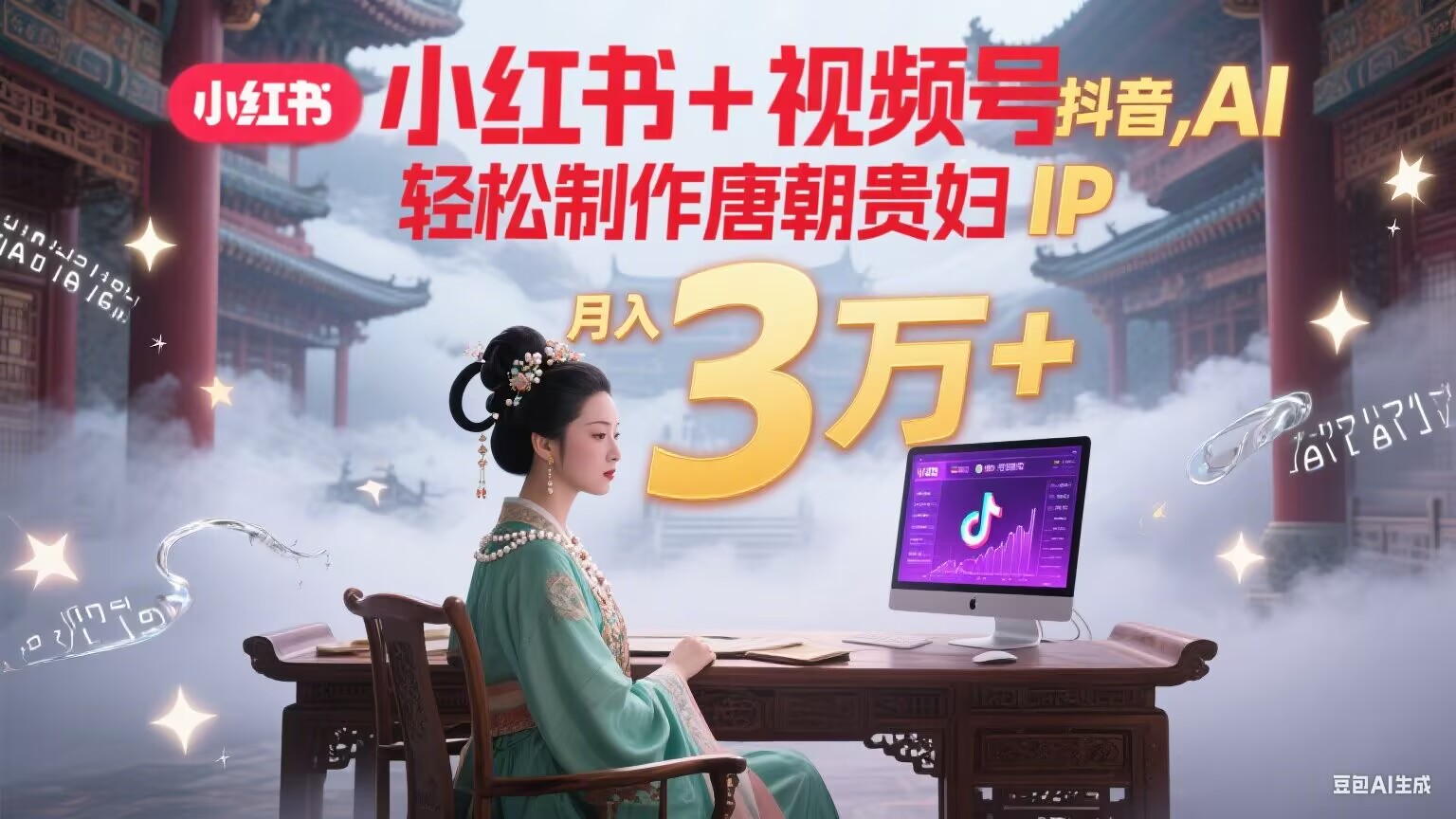 小红书+视频号+抖音，AI轻松制作唐朝贵妇IP，毒鸡汤、励志、减肥瘦身、养生赛道轻松切入，每天30分钟，轻松产出N条，月入3万+-仙女副业网