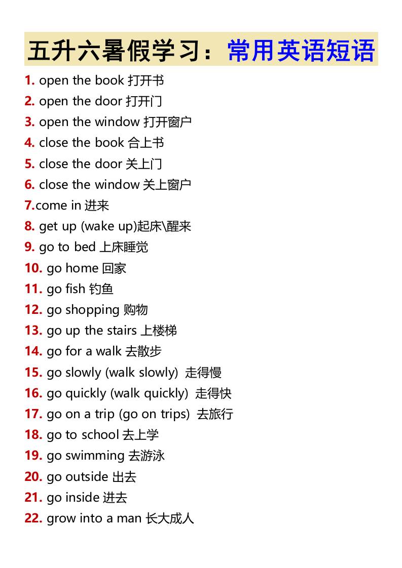 五升六暑假学习：常用英语短语-六上英语-仙女副业网