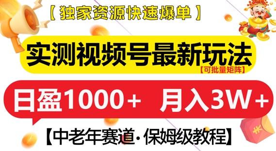 实测视频号最新玩法，中老年赛道，独家资源，月入过W+【揭秘】-仙女副业网