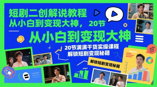 短剧二创解说教程，从小白到变现大神，20节满满干货实操课程，解锁短剧变现秘籍-仙女副业网