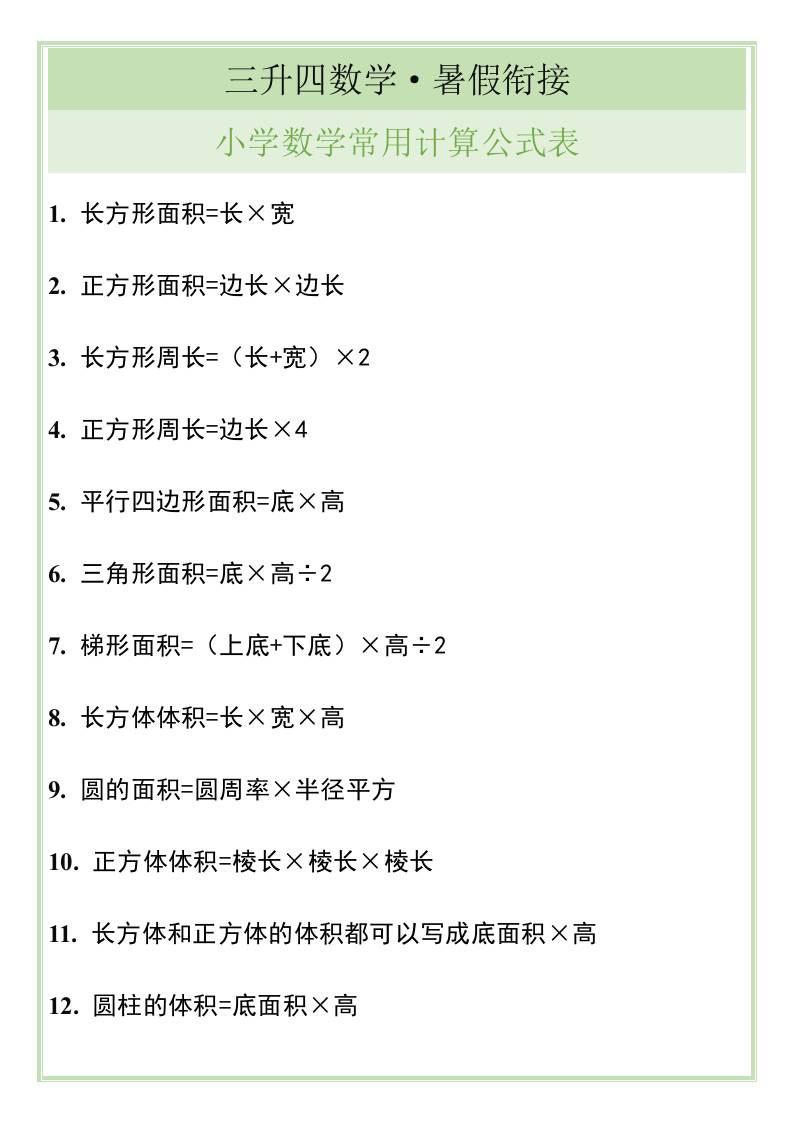 三升四暑假衔接，小学数学常用计算公式表-四上数学-仙女副业网