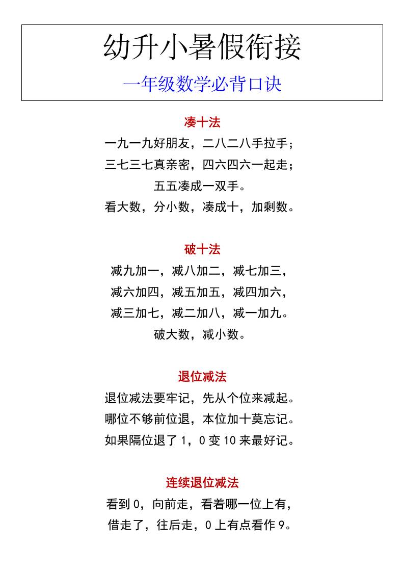 幼升小暑假衔接一年级数学必背口诀-仙女副业网