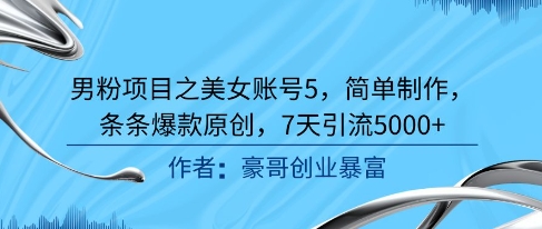 男粉项目之美女账号5，简单制作，条条爆款原创，7天引流5000+-仙女副业网