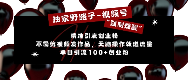 独家野路子利用视频号“强制提醒”，不需剪视频发作品，无脑操作就进流量，单日引流100+创业粉-仙女副业网
