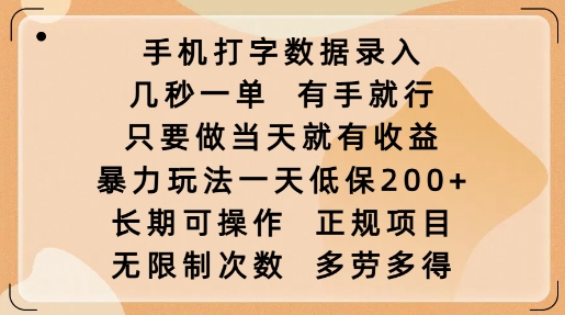 手机打字数据录入，几秒一单，有手就行，只要做当天就有收益，暴力玩法一天低保2张-仙女副业网