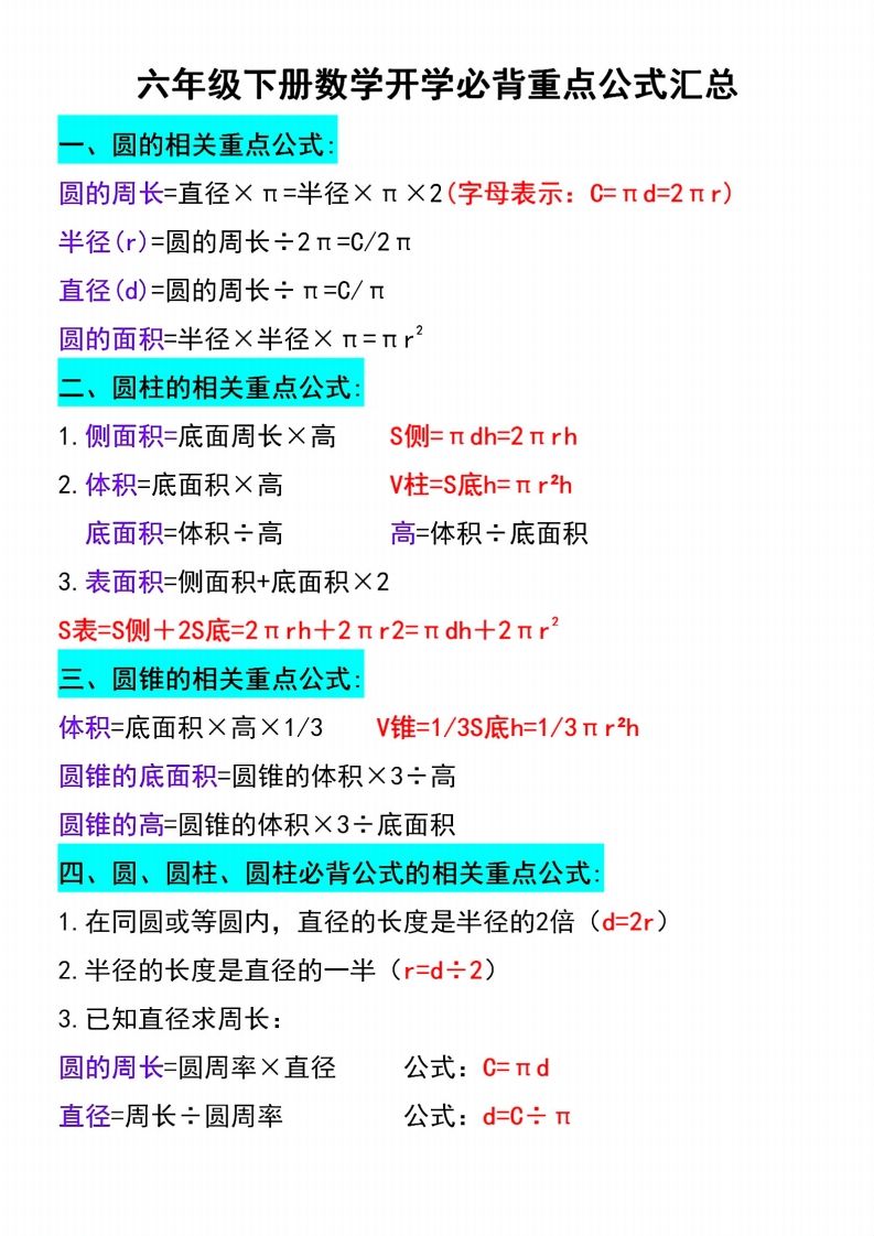 六下数学必背重点公式汇总-仙女副业网