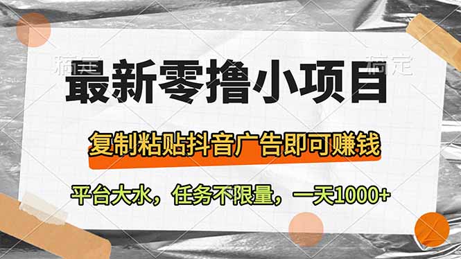 最新零撸小项目，复制粘贴抖音广告即可赚钱，平台大水，任务不限量，一...-仙女副业网