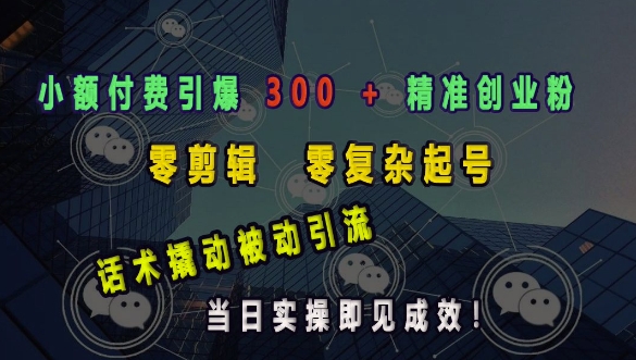 小额付费引爆 300 + 精准创业粉，零剪辑、零复杂起号，话术撬动被动引流，当日实操即见成效-仙女副业网