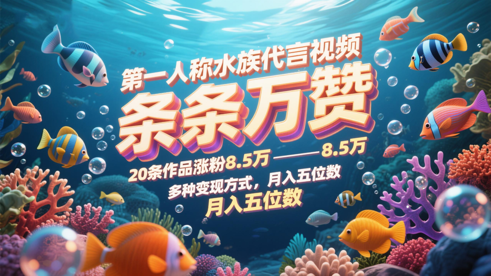 第一人称水族代言视频，条条万赞，20条作品涨粉8.5万，多种变现方式月，入五位数-仙女副业网