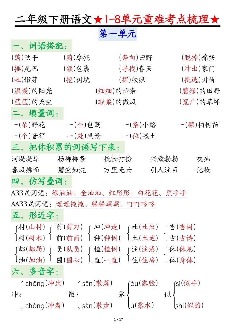 二下语文期末复习1-8单元重难考点梳理总结（17页）-仙女副业网