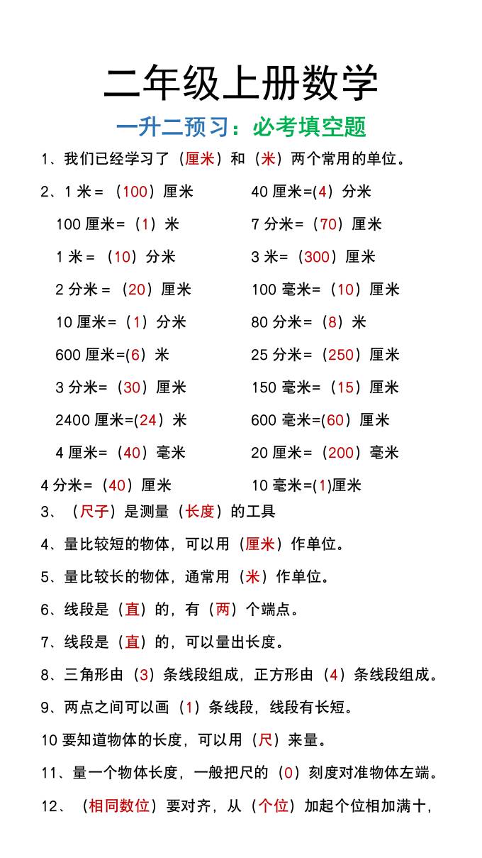二年级上册数学暑假预习必做《重点填空题》-仙女副业网