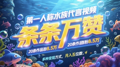 第一人称水族代言视频，条条万赞，20条作品涨粉7.8W，多种变现方式月入五位数-仙女副业网